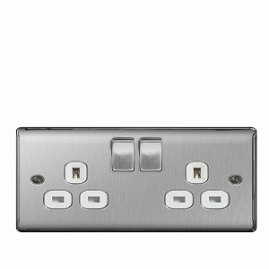 BG 13a 2 Gang Switch Socket Brushed Steel With White Inserts