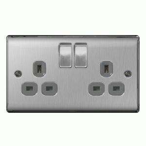 BG 13a 2 Gang Switch Socket Brushed Steel With Grey Inserts