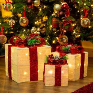 Set Of 3 LED Light Up Xmas Gift Box With Red Bow 70749