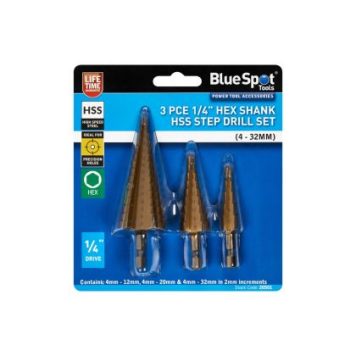 Blue Spot Tools 3 PCE Hex Shank HSS Step Drill Set (1/4" Hex Shank) (4 - 32mm) 20501