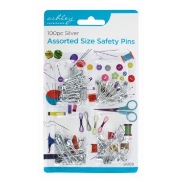 100pc Assorted Size Safety Pins - Silver SK108