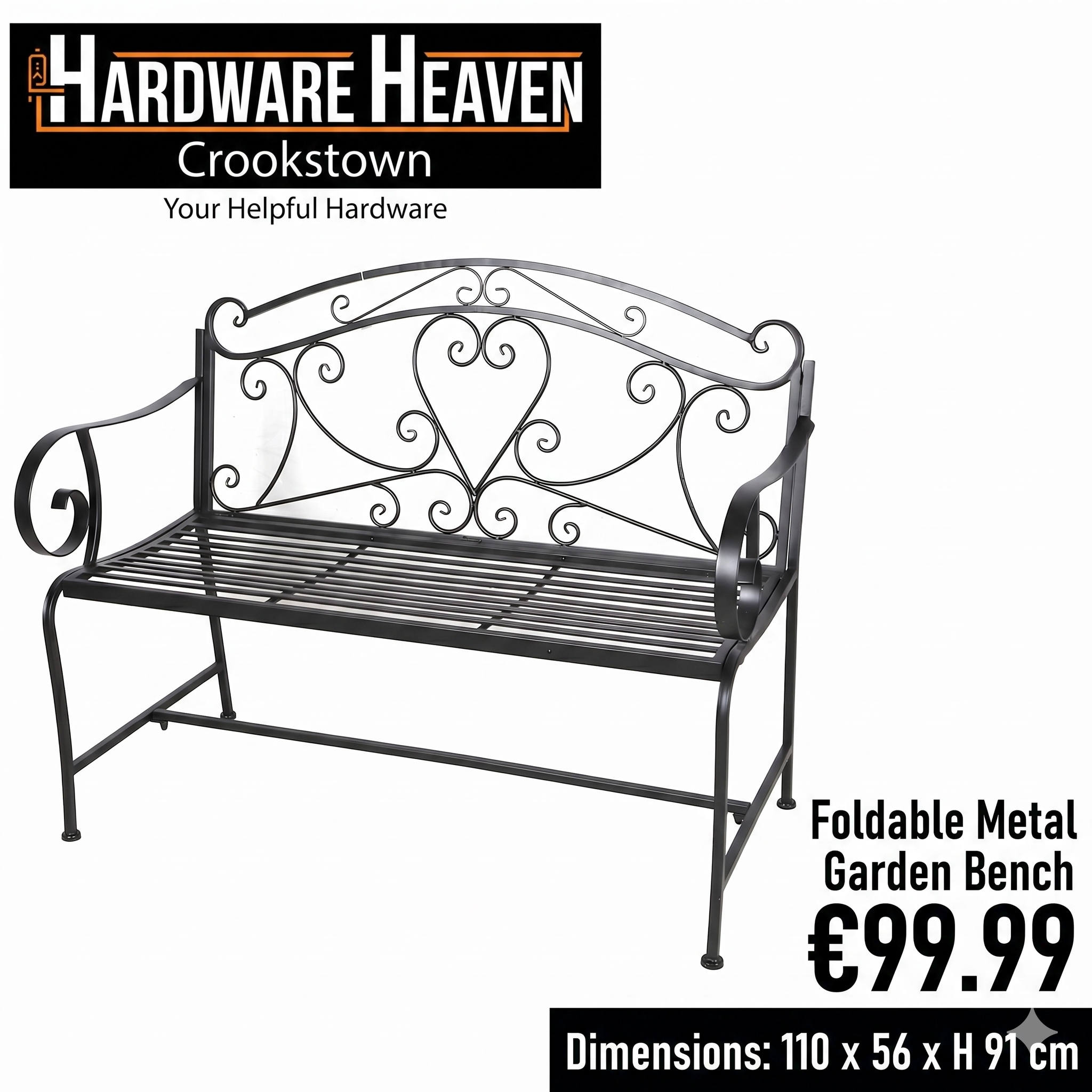 Foldable Bench In Black Metal 110x56xH91cm