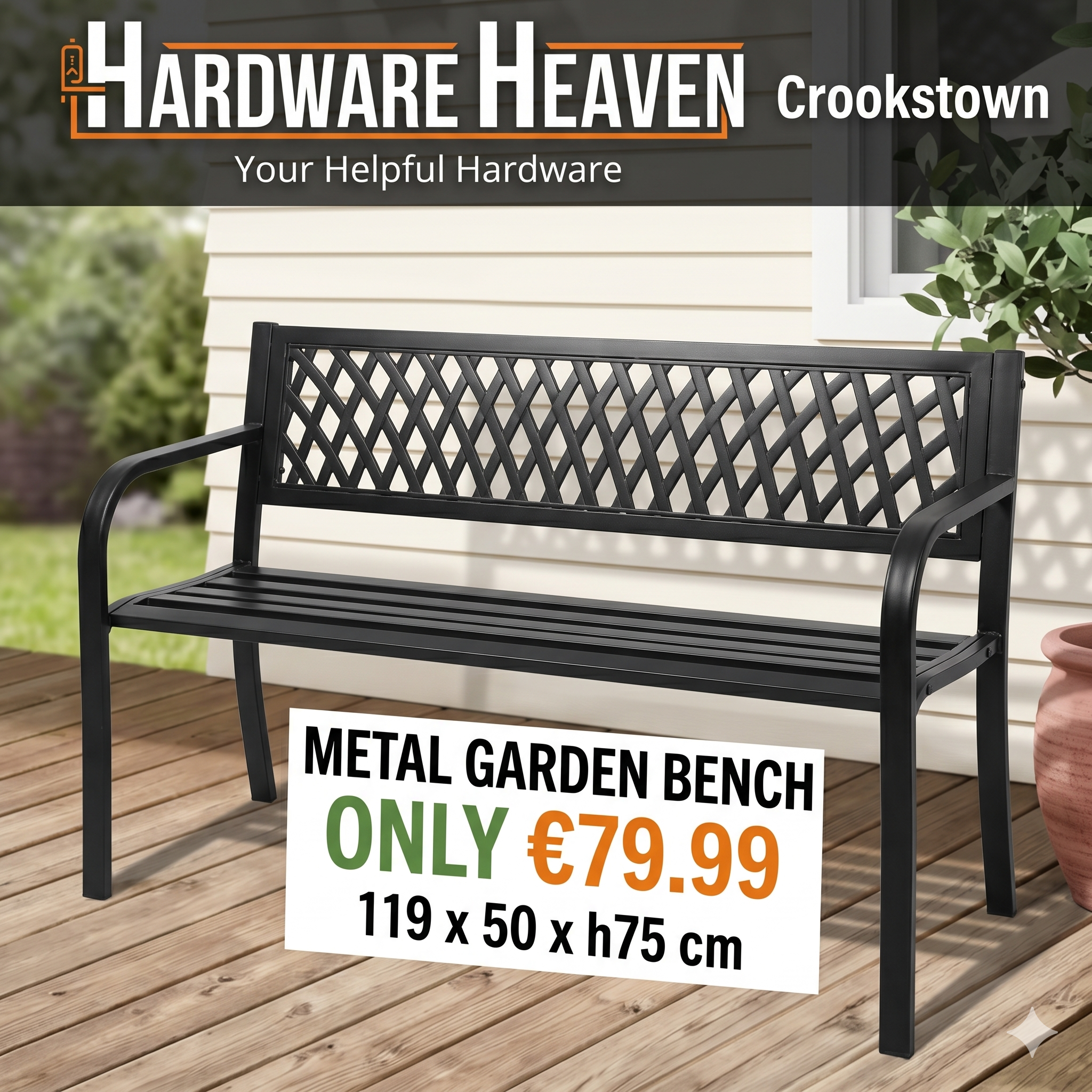 Garden Bench In Black Metal 119x50xH75cm 32641