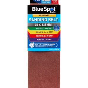Blue Spot Tools 5 PCE Mixed 75 x 533mm Sanding Belts (Assorted Grits)
