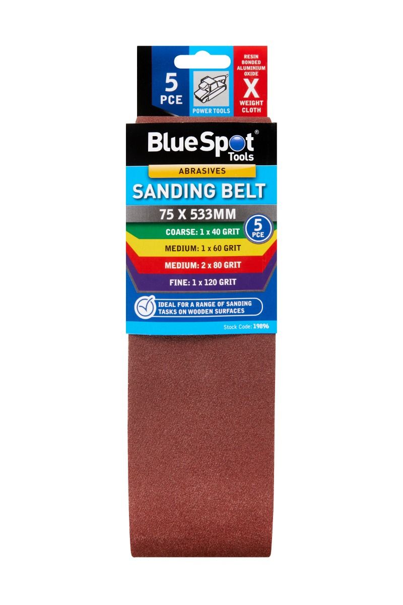 Blue Spot Tools 5 PCE Mixed 75 x 533mm Sanding Belts (Assorted Grits)