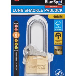 Blue Spot Tools 40mm Long Shackle Double Locking Brass Padlock