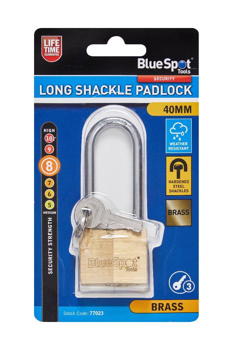 Blue Spot Tools 40mm Long Shackle Double Locking Brass Padlock