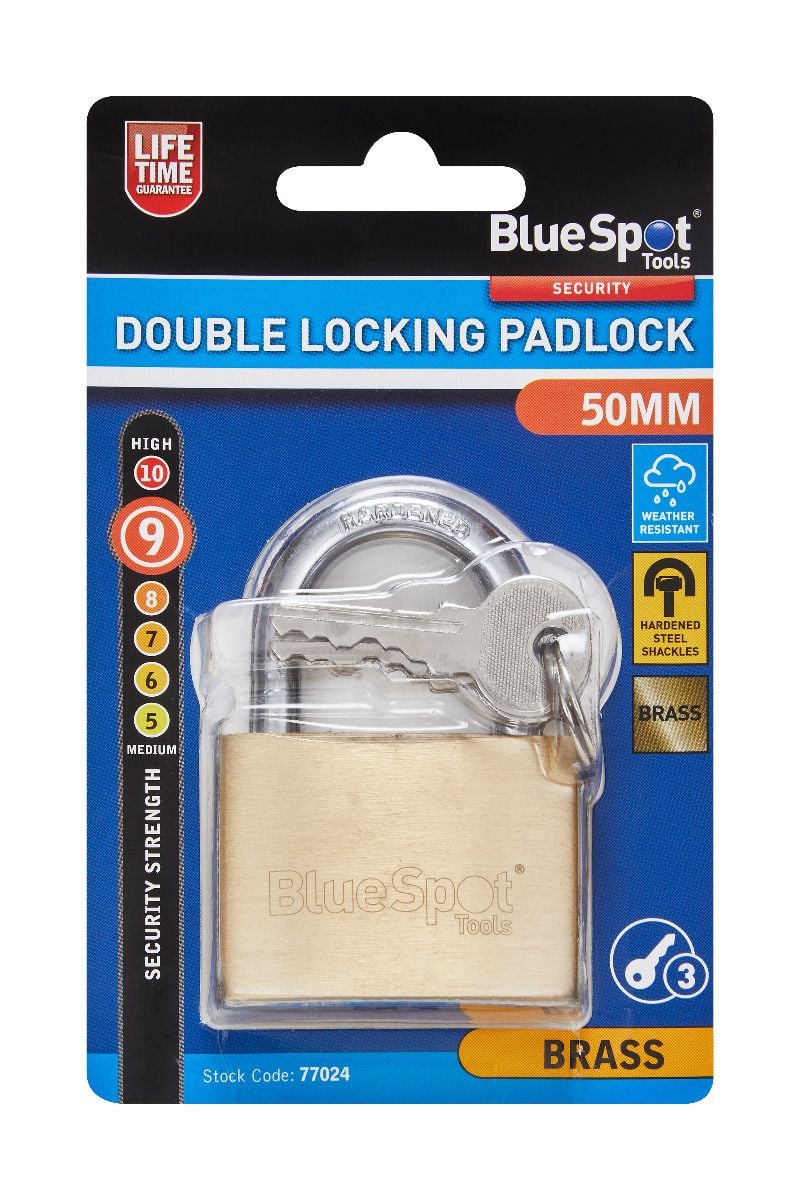 Blue Spot Tools 50mm Heavy Duty Double Locking Solid Brass Padlock